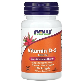 NOW Foods, витамин Д3 D3, структурная поддержка, 10 мкг (400 МЕ), 180 мягких таблет