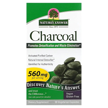 Natures Answer, активированный уголь, активированный очищенный уголь, 280 мг, 90 растительных капсул 